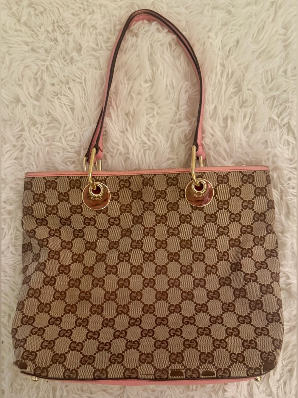 Gucci GG Monogram Canvas Tote Bag Pink Leather Trim
